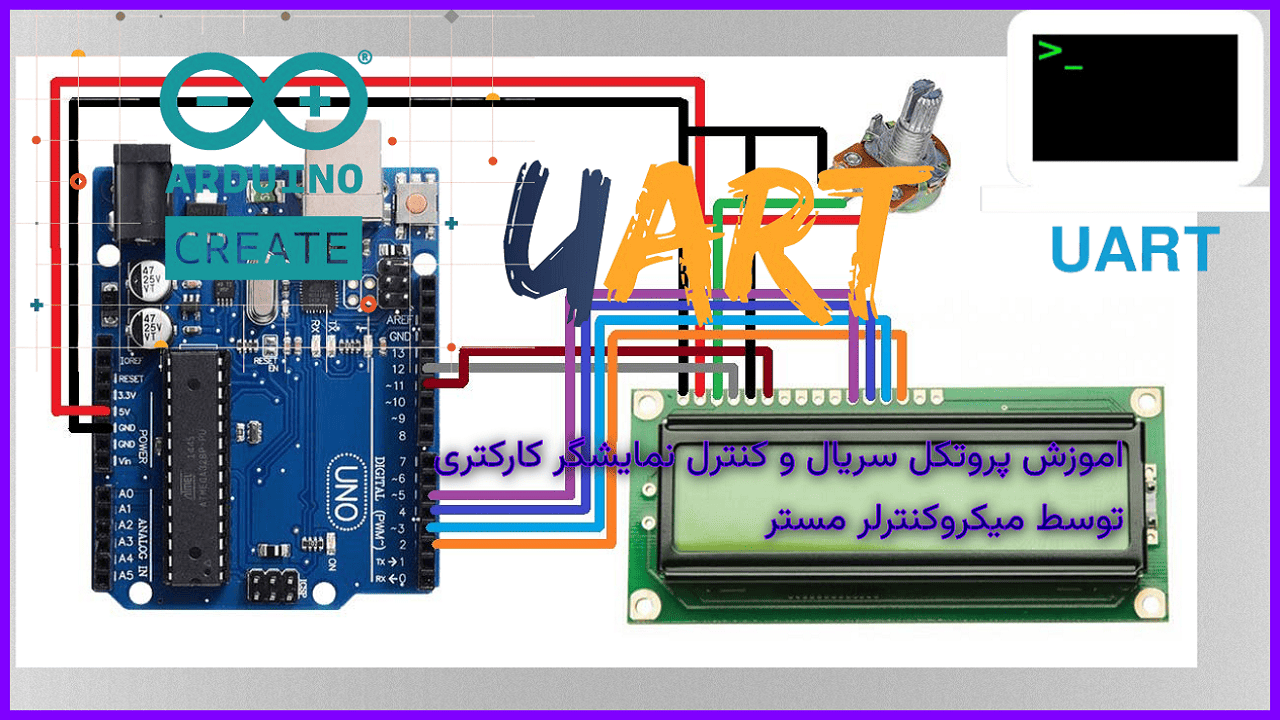 کنترل نمایشگر کارکتری 16 * 2 توسط پروتکل ارتباطی سریال توسط اردوینو Master